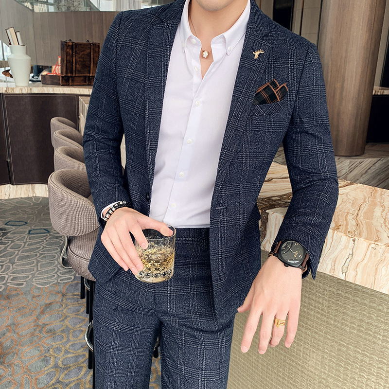 Autumn Men’s Plaid Suit Business Casual Two-piece Suit