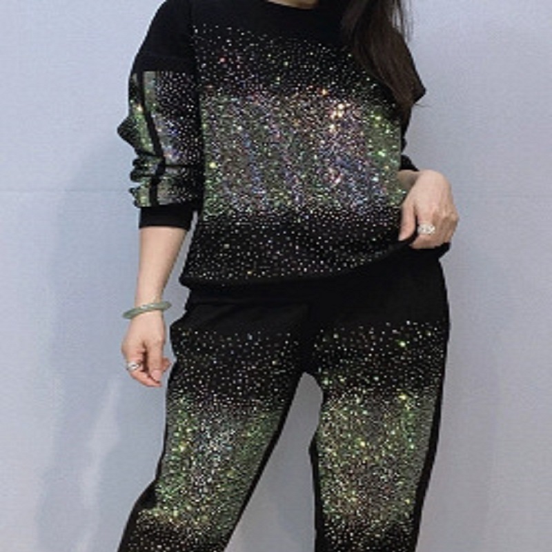 New Round Neck Pullover Long Sleeve Sweater Trousers Women’s Clothing Starry Diamond Two-piece Set