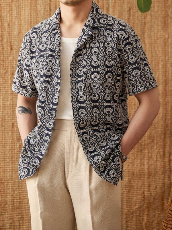 Vintage Embroidered Cotton Casual Cuban Collar Short Sleeve Printed Shirt - Image 4