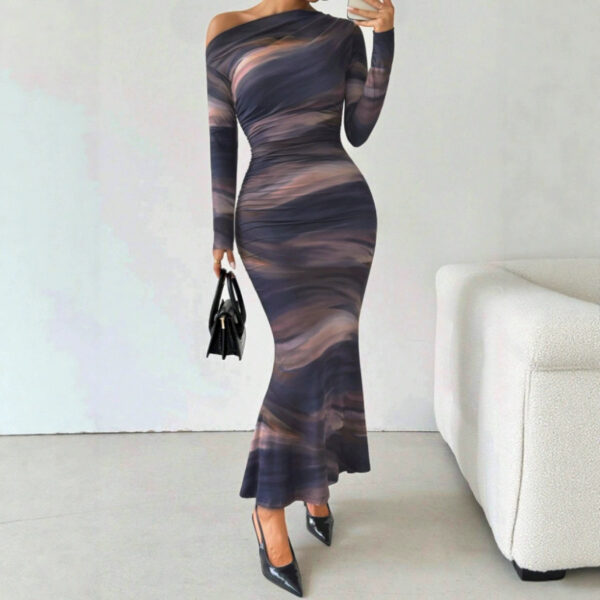 Tie-dyed Crossbody Shoulder Asymmetric Fold Dress