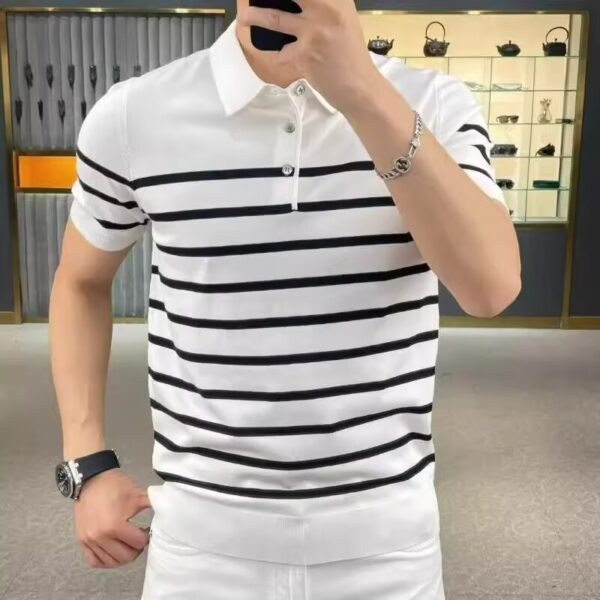 Lightly Mature Personality Striped Lapel Knitted T-shirt - Image 6