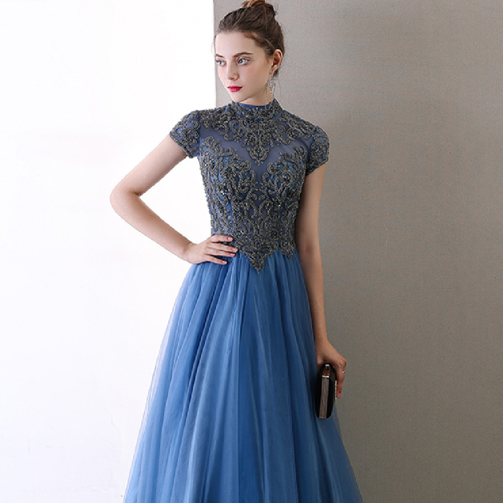Temperament Socialite Fairy Air Bladed Blue Stand-up Collar Evening Dress - Image 2