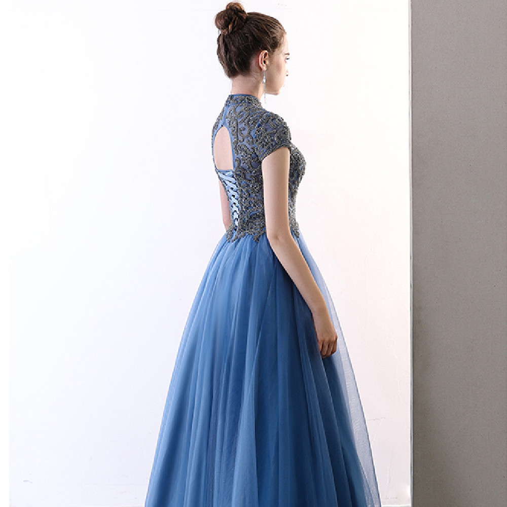 Temperament Socialite Fairy Air Bladed Blue Stand-up Collar Evening Dress - Image 5