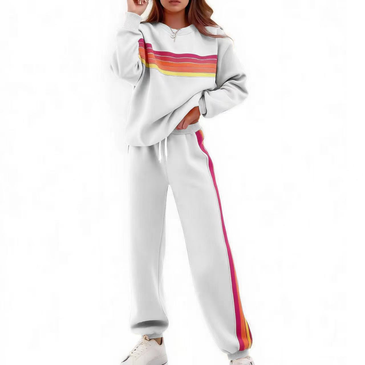 Round Neck Loose Color Stripes Elastic Waist Pants Sweater Suit - Image 5