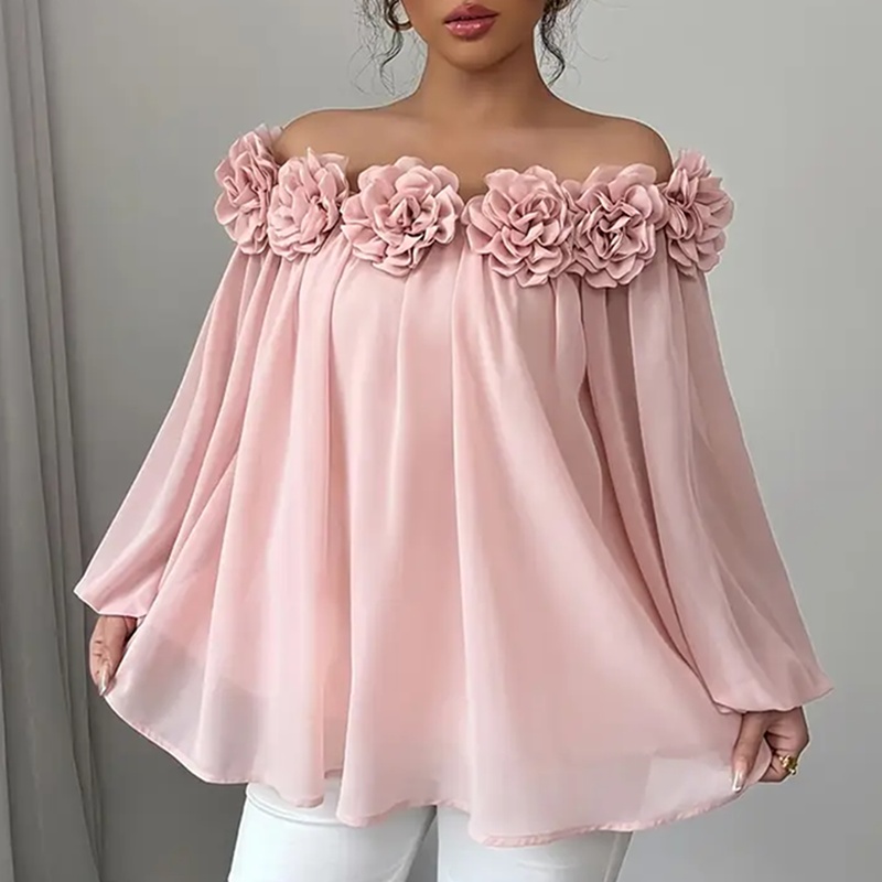 Women’s 3D Floral Off Shoulder Blouse, Elegant Long Sleeve Ruffle Sheer Shirt For Party, Evening Dressy Top