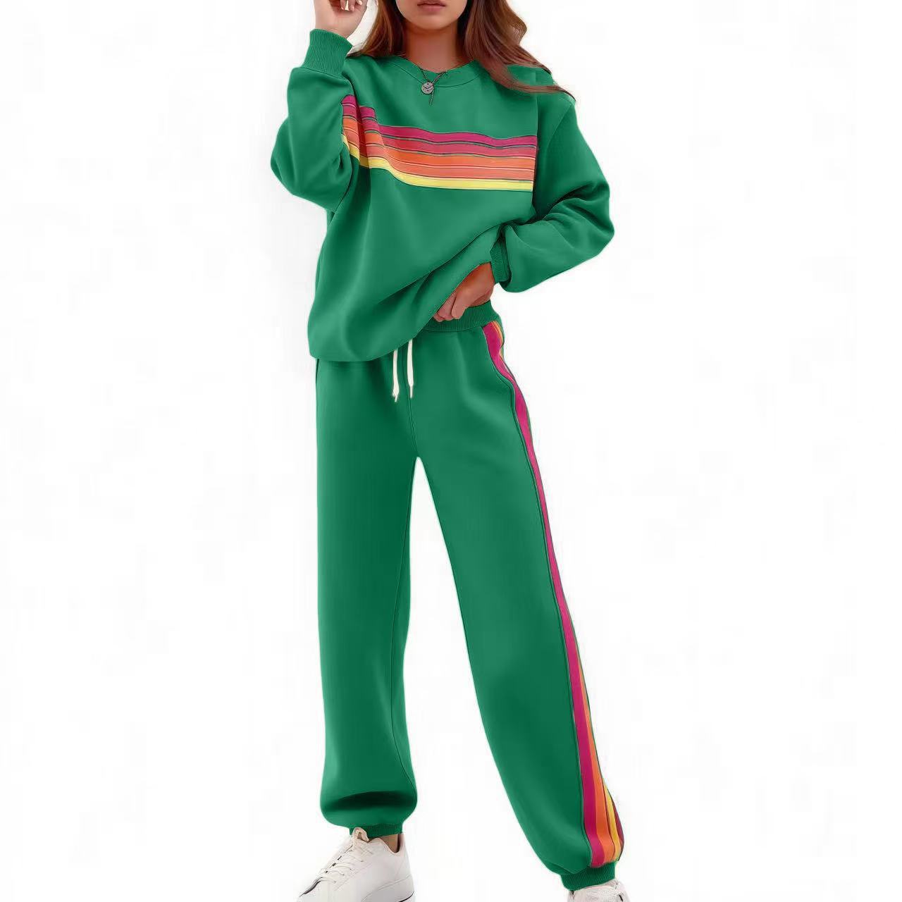 Round Neck Loose Color Stripes Elastic Waist Pants Sweater Suit - Image 10