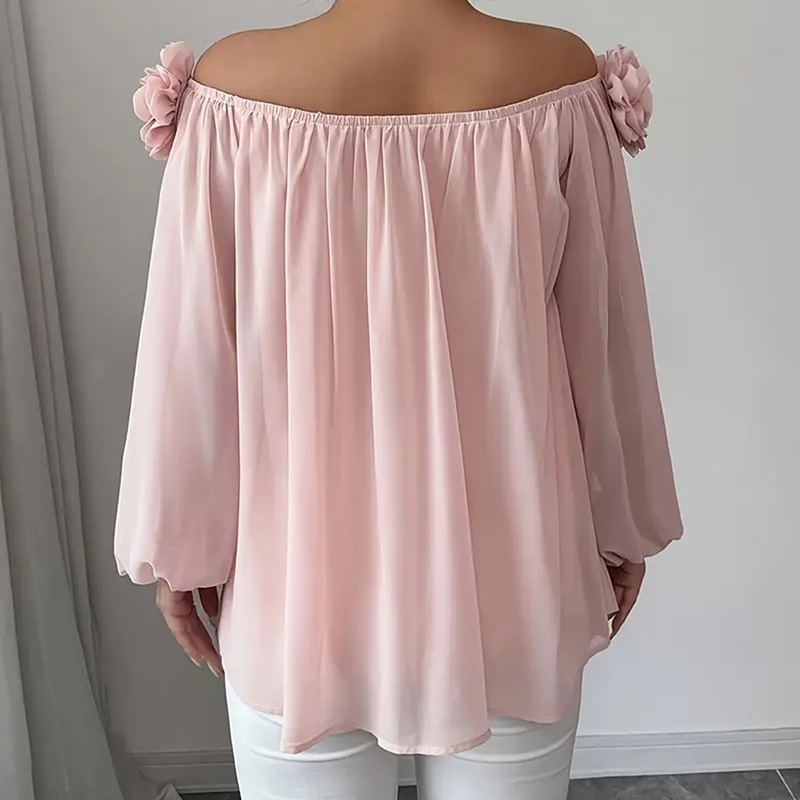 Women's 3D Floral Off Shoulder Blouse, Elegant Long Sleeve Ruffle Sheer Shirt For Party, Evening Dressy Top - Image 6