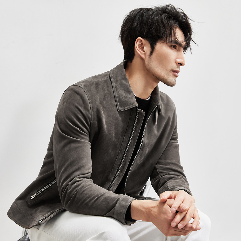 Sheepskin Light Luxury Suede Genuine Leather Clothes Men’s Imported Lambskin Suede Lapel Biker’s Leather Jacket Men’s Autumn Coat
