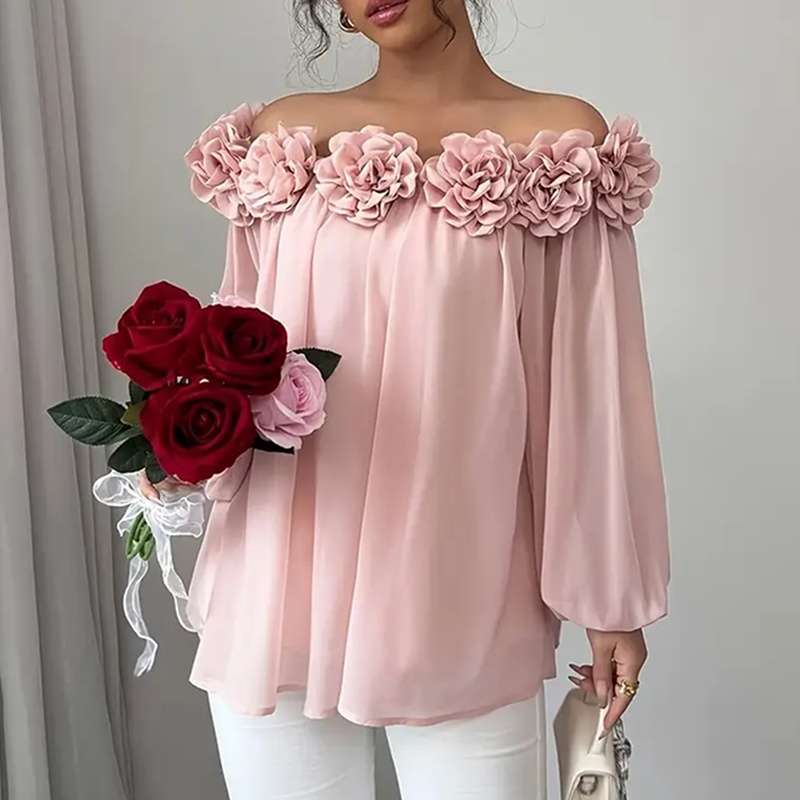 Women's 3D Floral Off Shoulder Blouse, Elegant Long Sleeve Ruffle Sheer Shirt For Party, Evening Dressy Top - Image 7