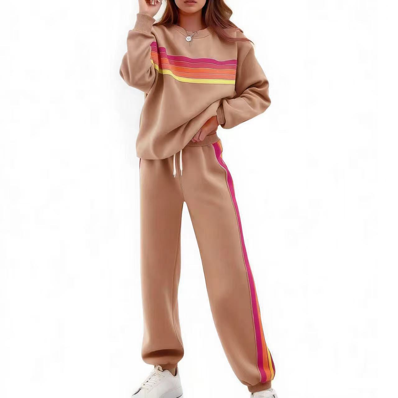 Round Neck Loose Color Stripes Elastic Waist Pants Sweater Suit - Image 4