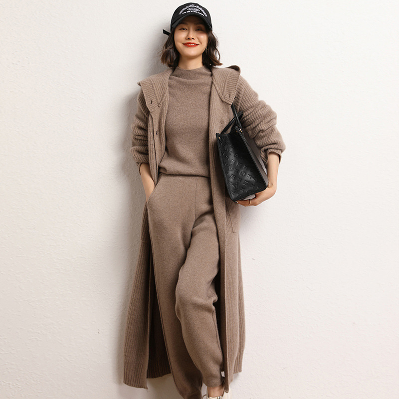 Long Below Knee Thickening Hooded Sweater Horn Button Trench Coat - Image 6