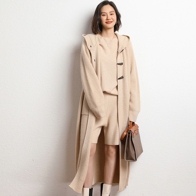 Long Below Knee Thickening Hooded Sweater Horn Button Trench Coat - Image 3