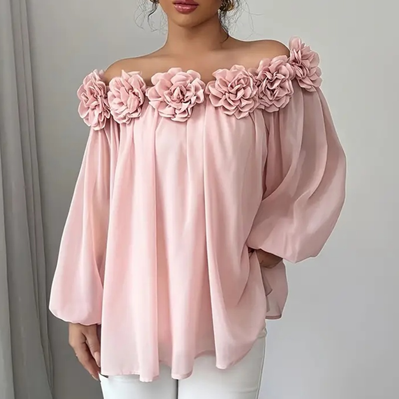 Women's 3D Floral Off Shoulder Blouse, Elegant Long Sleeve Ruffle Sheer Shirt For Party, Evening Dressy Top - Image 3