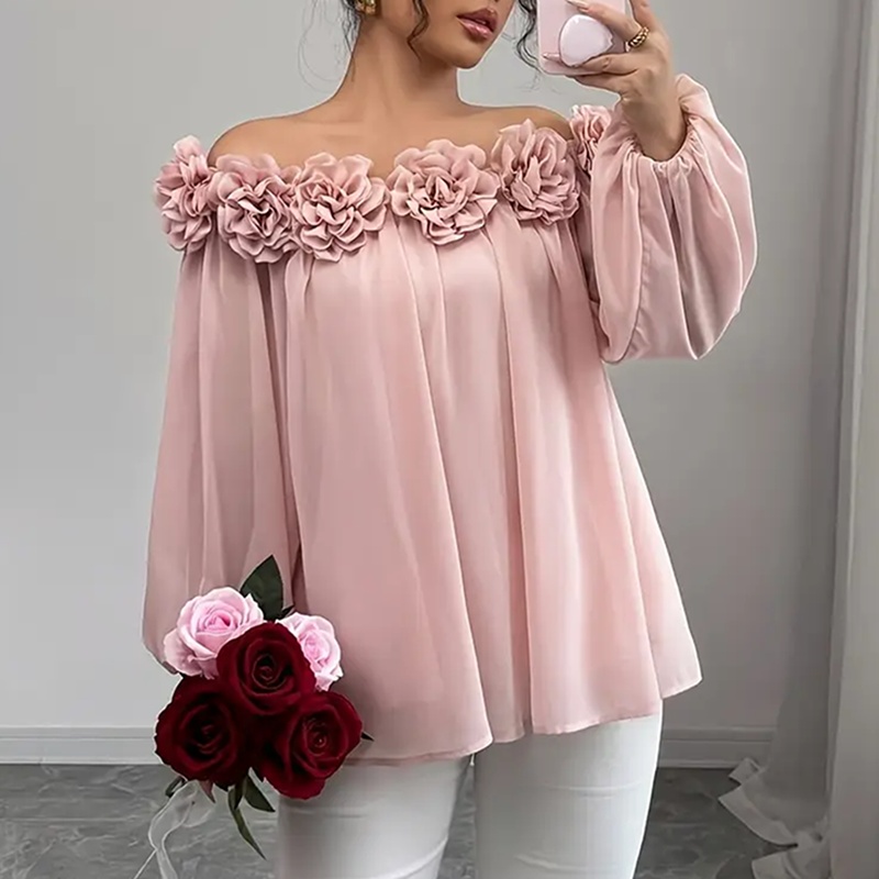 Women's 3D Floral Off Shoulder Blouse, Elegant Long Sleeve Ruffle Sheer Shirt For Party, Evening Dressy Top - Image 8