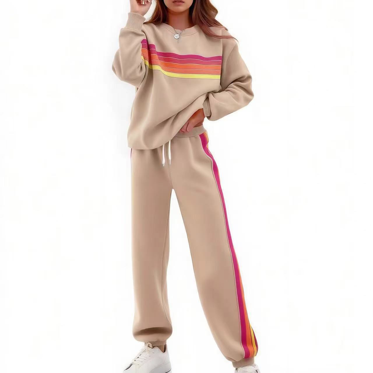 Round Neck Loose Color Stripes Elastic Waist Pants Sweater Suit - Image 8