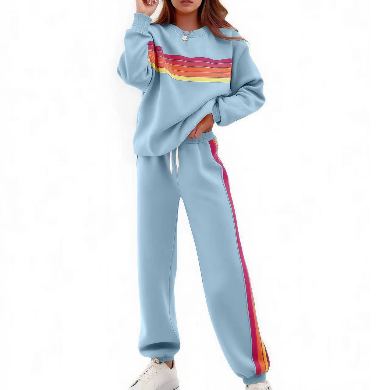 Round Neck Loose Color Stripes Elastic Waist Pants Sweater Suit - Image 3