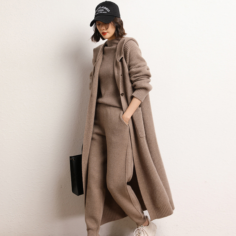 Long Below Knee Thickening Hooded Sweater Horn Button Trench Coat - Image 7