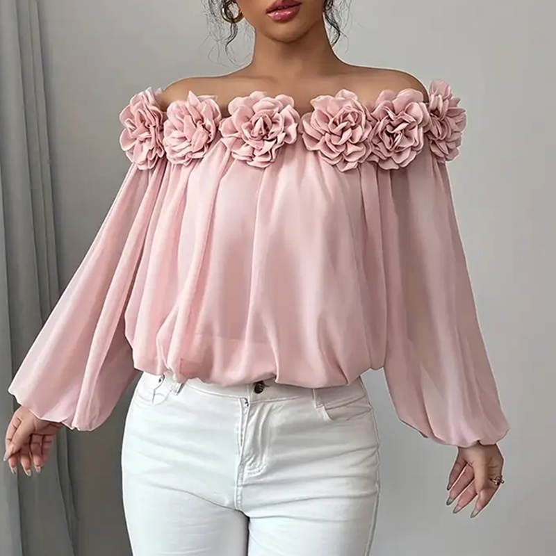 Women's 3D Floral Off Shoulder Blouse, Elegant Long Sleeve Ruffle Sheer Shirt For Party, Evening Dressy Top - Image 2