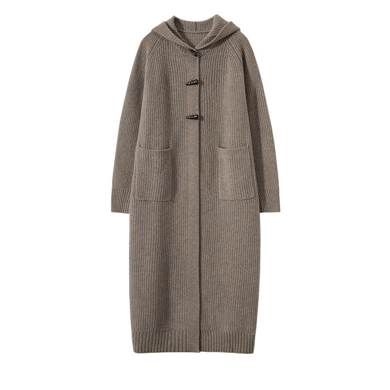 Long Below Knee Thickening Hooded Sweater Horn Button Trench Coat - Image 5