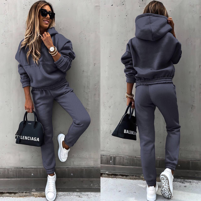 Women’s Casual 2-Piece Tracksuit, Solid Color Hooded Sweatshirt And Slim Fit Jogger Pants For Autumn And Winter