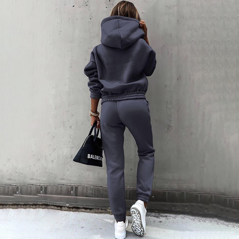 Women's Casual 2-Piece Tracksuit, Solid Color Hooded Sweatshirt And Slim Fit Jogger Pants For Autumn And Winter - Image 9