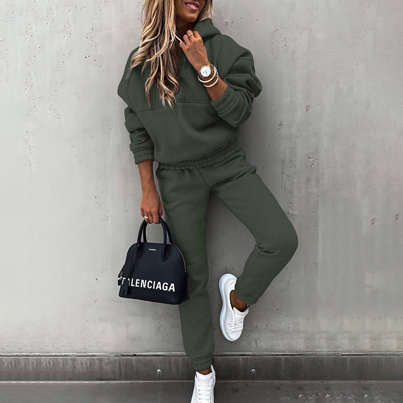 Women's Casual 2-Piece Tracksuit, Solid Color Hooded Sweatshirt And Slim Fit Jogger Pants For Autumn And Winter - Image 2