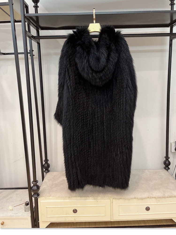 Gray Braided Fox Fur Hooded Loose Over The Knee Fur Coat - Image 5