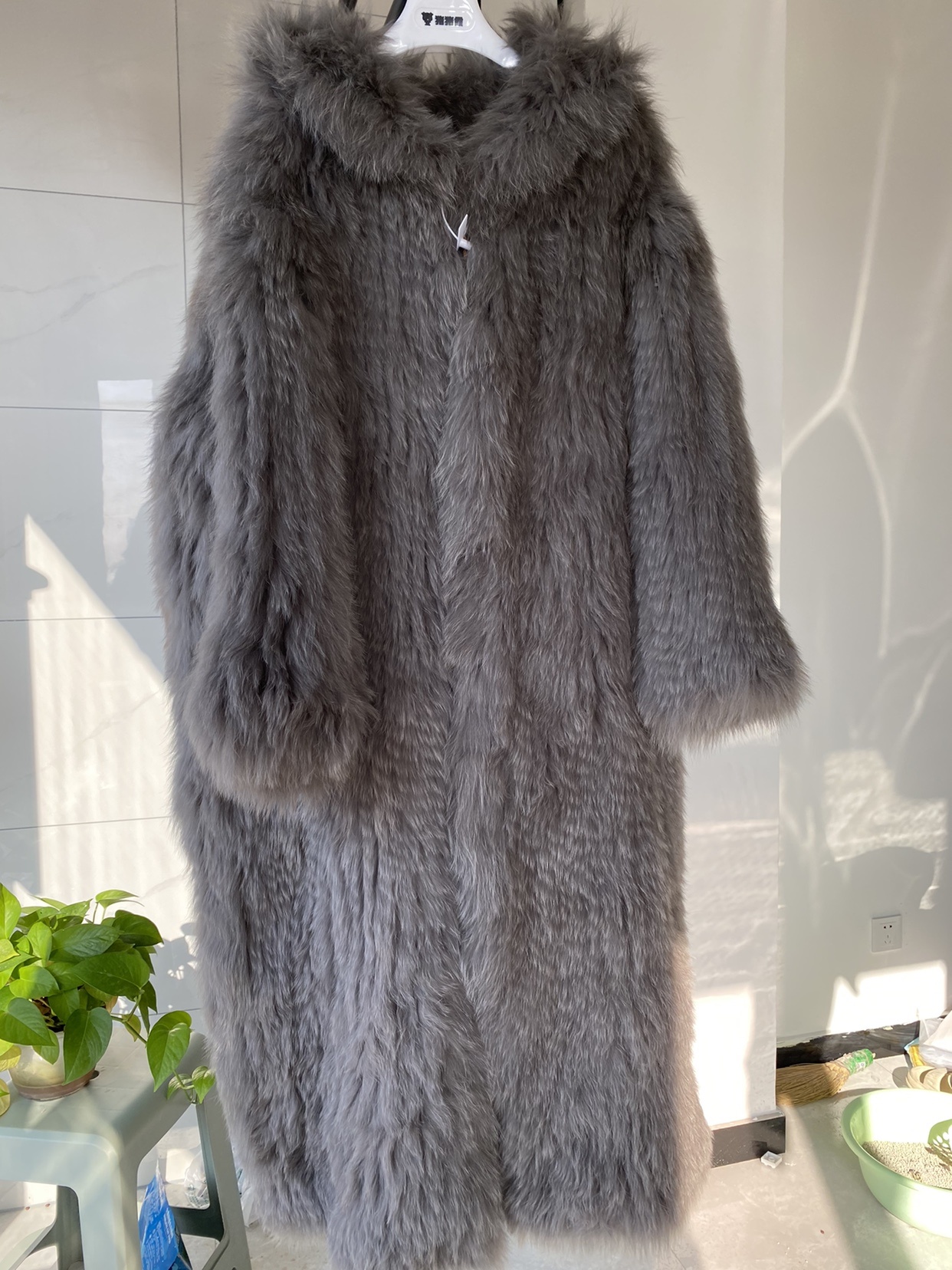 Gray Braided Fox Fur Hooded Loose Over The Knee Fur Coat - Image 6