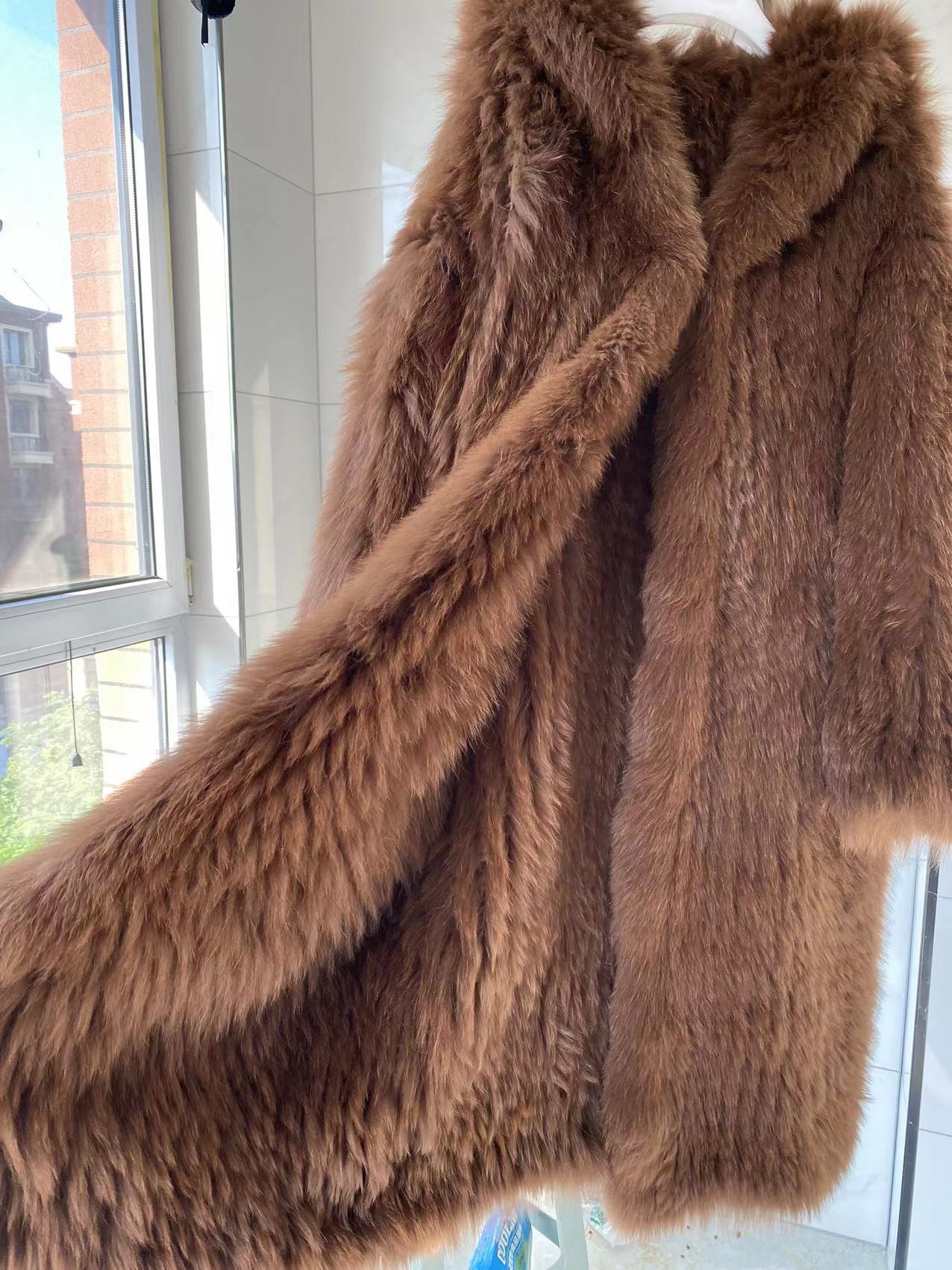 Gray Braided Fox Fur Hooded Loose Over The Knee Fur Coat - Image 2