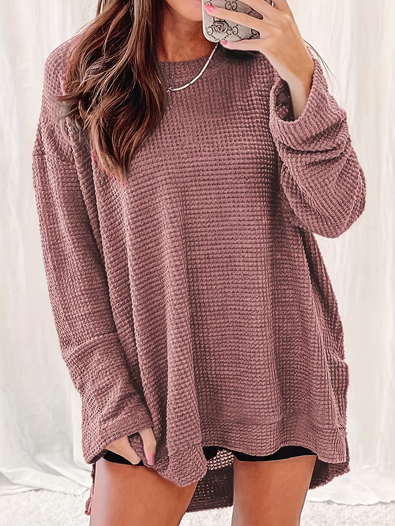Self-pick-up Plus Size Women’S Casual Round Neck Long Sleeve T-Shirt Solid Colour Waffle Top Only Self-pickup Is Supported
