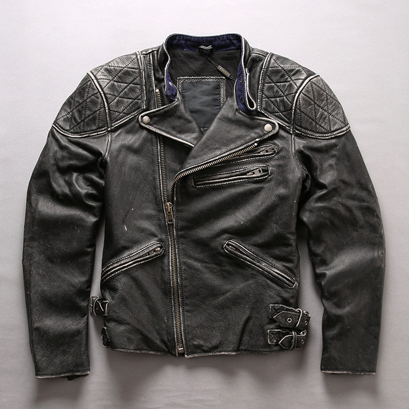 Men’s Distressed Stand Collar Cropped Slim Leather Jacket
