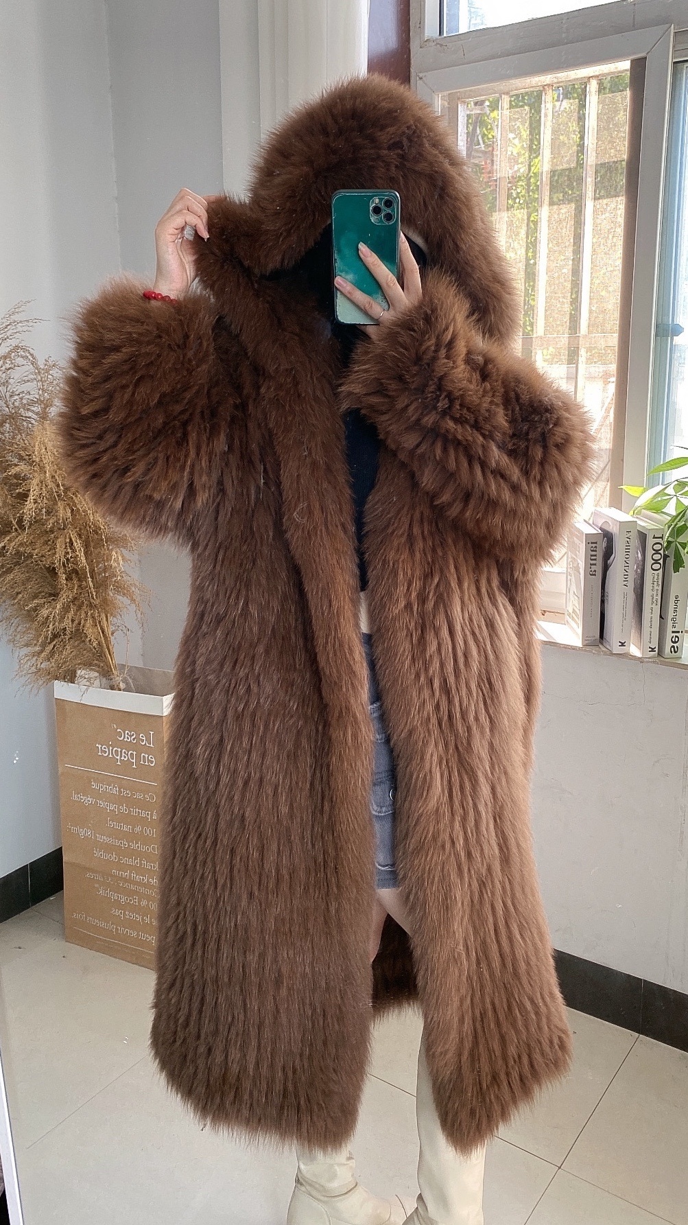 Gray Braided Fox Fur Hooded Loose Over The Knee Fur Coat - Image 3