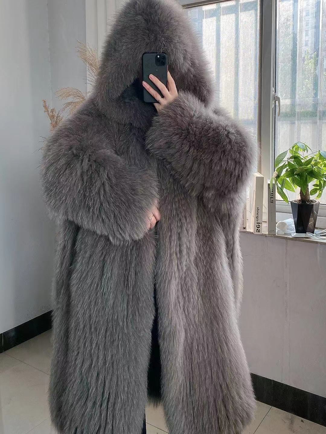 Gray Braided Fox Fur Hooded Loose Over The Knee Fur Coat - Image 4