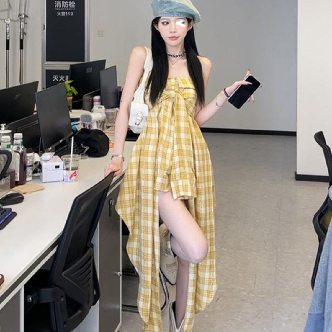 Women's Irregular Yellow Plaid Tube Dress - Image 6