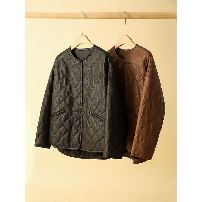 Women's Rhombus Plaid Sheepskin Coat Jacket - Image 3