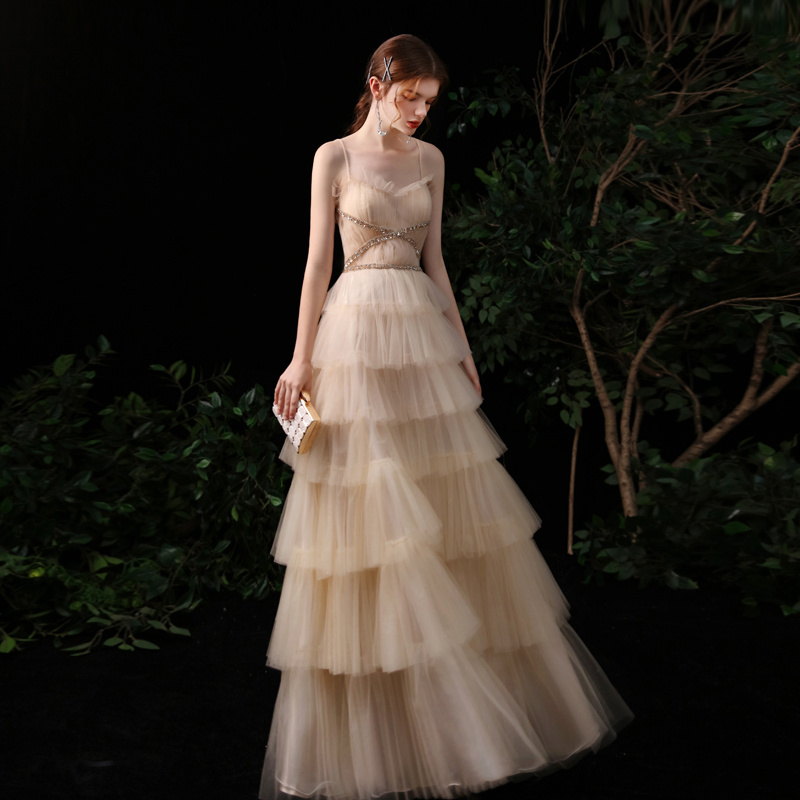 Gold Suspender Strapless Evening Dress Female Banquet Temperament Host - Image 4