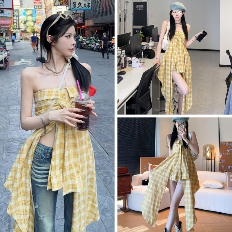Women's Irregular Yellow Plaid Tube Dress - Image 5