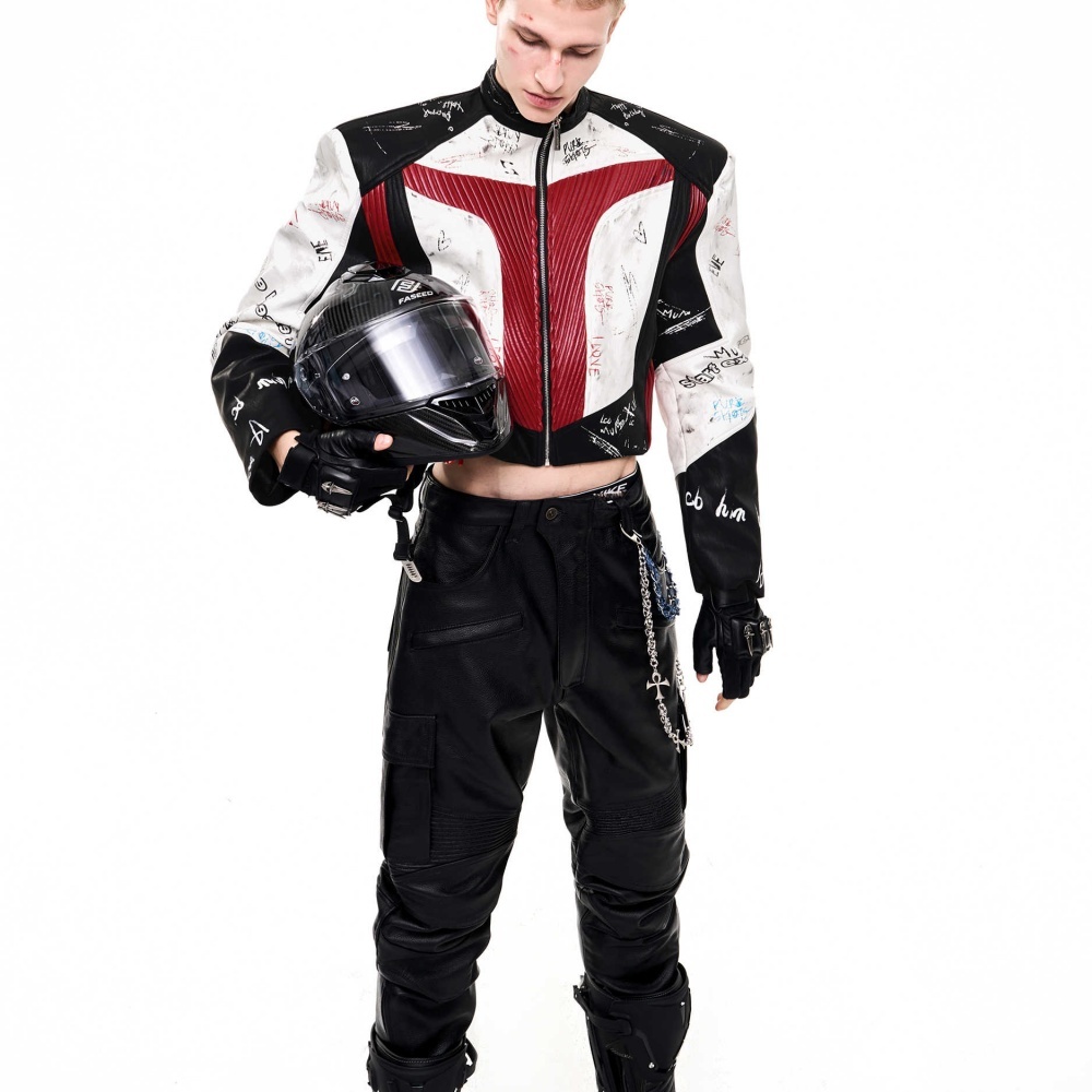 Short Stand-up Collar Graffiti Leather Jacket For Men