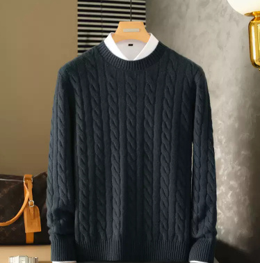 Pure Cashmere Sweater Round Neck Double-ply Cable Knit Thickened Warm Base Layer - Image 2