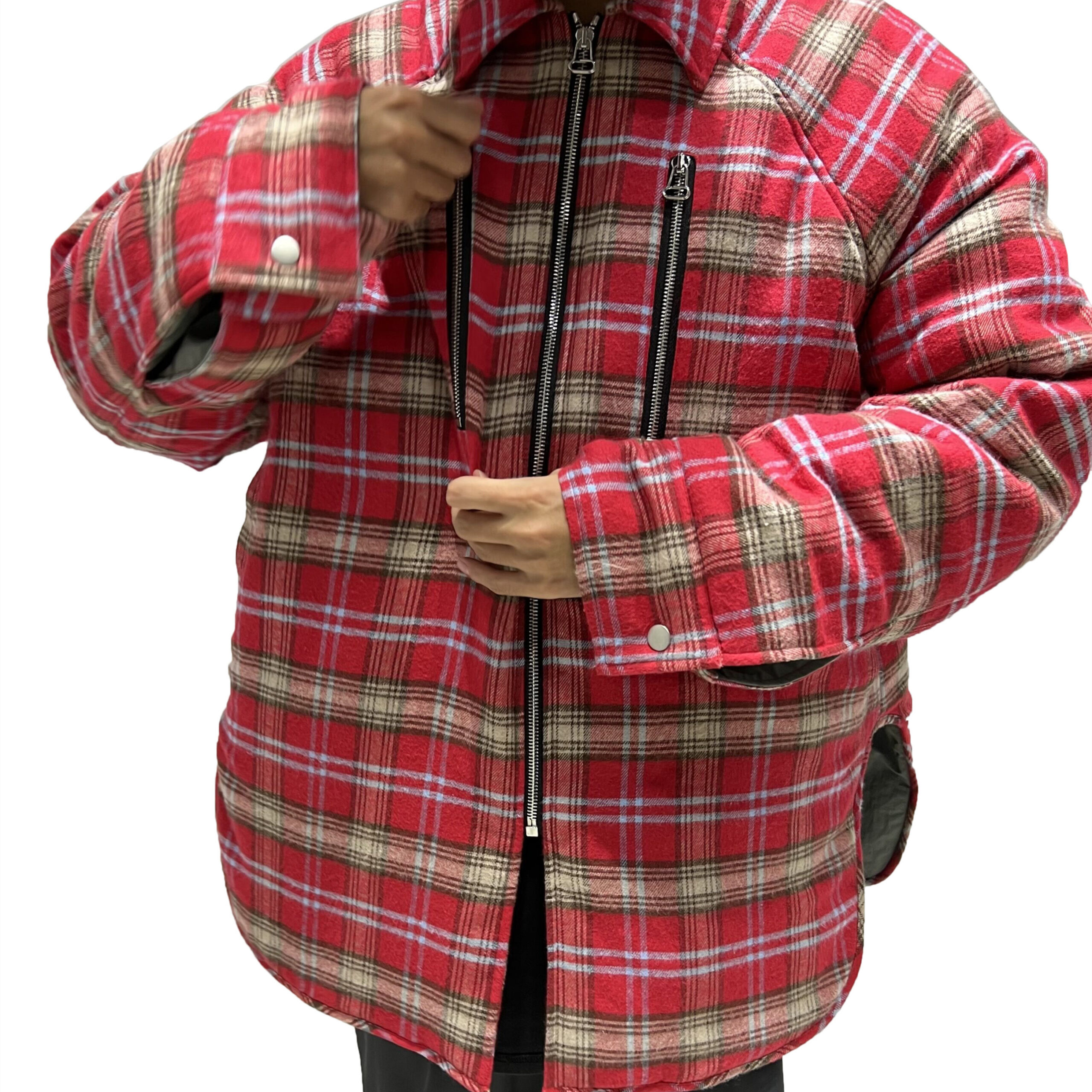 Men's Brushed Red Plaid Padded Zip Shirt Jacket - Image 3