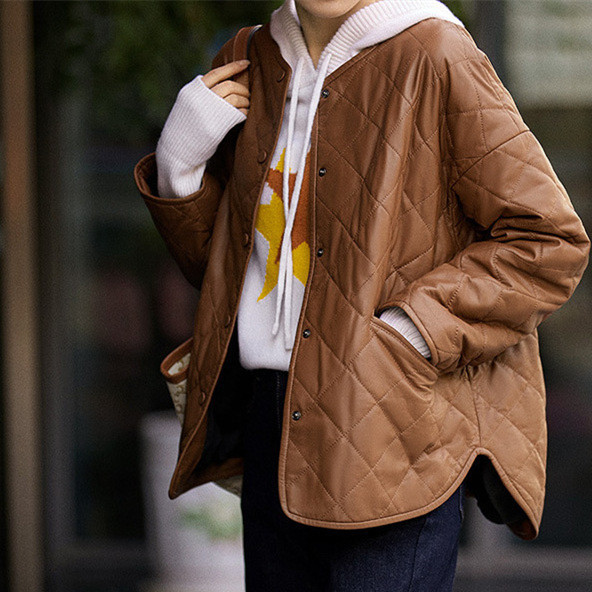 Women’s Rhombus Plaid Sheepskin Coat Jacket