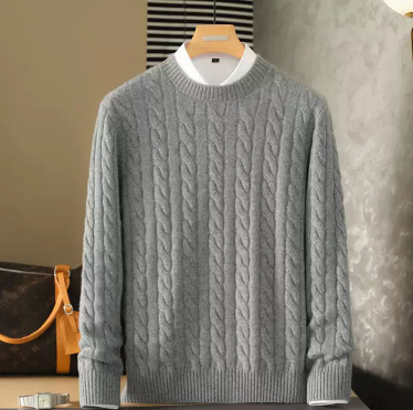 Pure Cashmere Sweater Round Neck Double-ply Cable Knit Thickened Warm Base Layer - Image 3