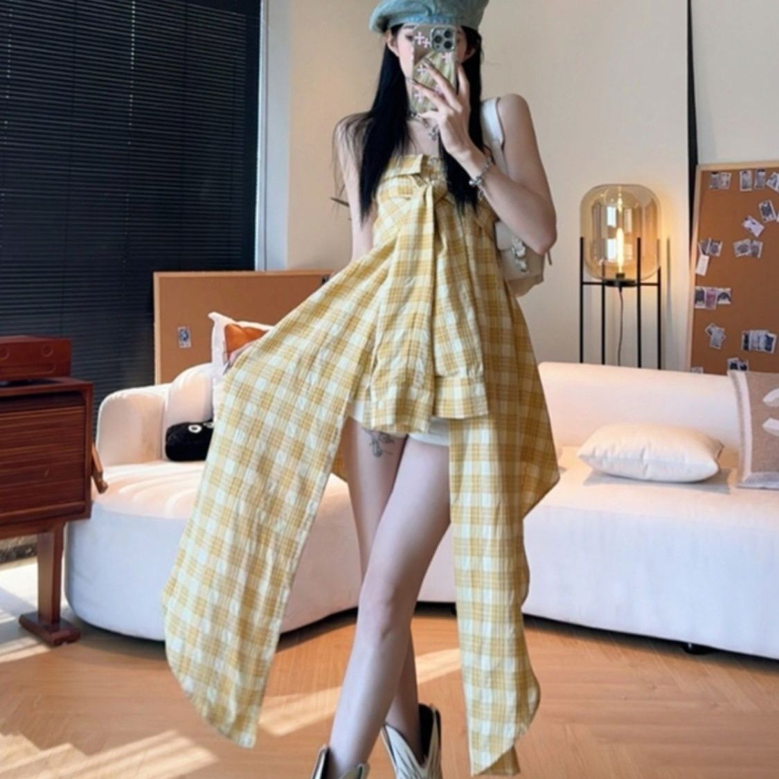 Women's Irregular Yellow Plaid Tube Dress - Image 4