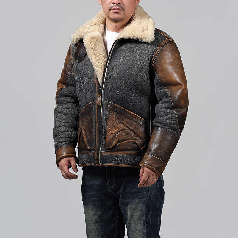 Men’s Color Matching Sheepskin Leather Lapel Coat