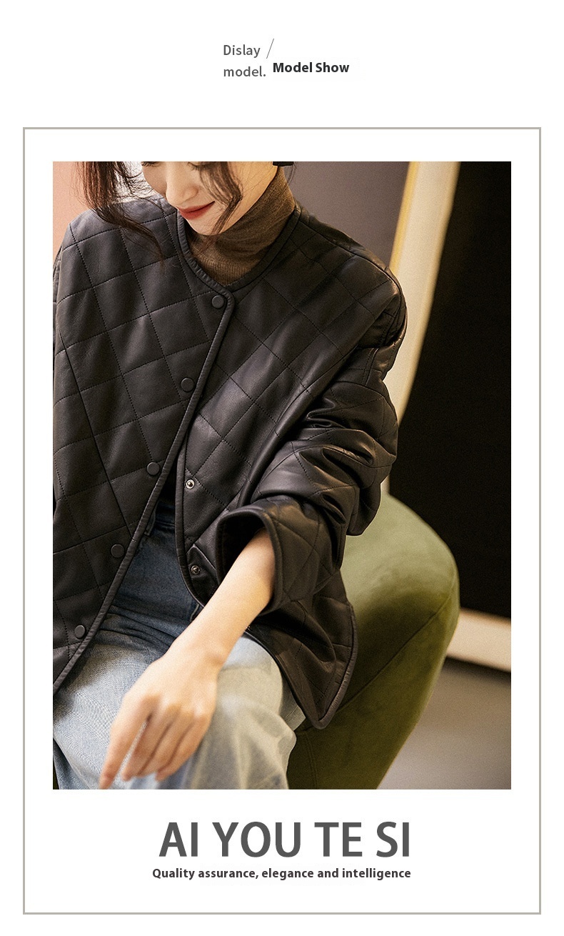 Women's Rhombus Plaid Sheepskin Coat Jacket - Image 9