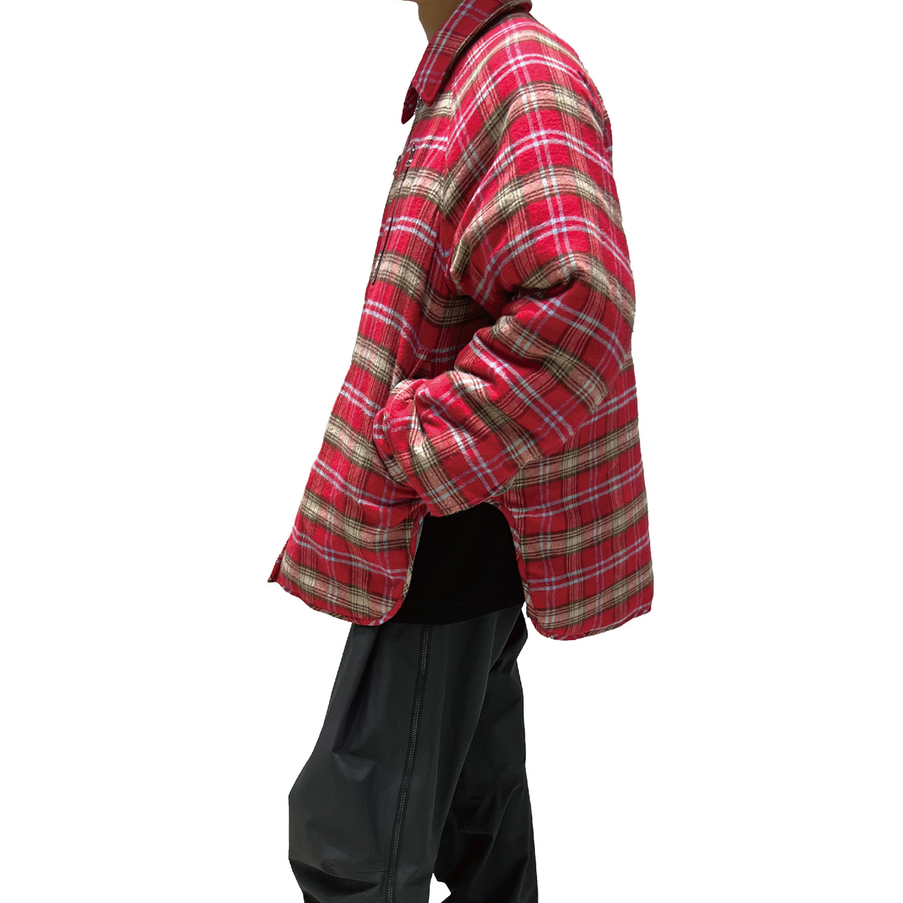 Men's Brushed Red Plaid Padded Zip Shirt Jacket - Image 4