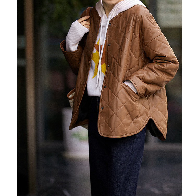 Women's Rhombus Plaid Sheepskin Coat Jacket - Image 2