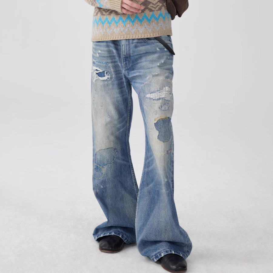 Washed Blue Patch Color Wire-track Flared Jeans