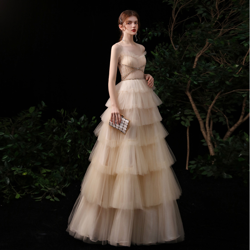 Gold Suspender Strapless Evening Dress Female Banquet Temperament Host - Image 5