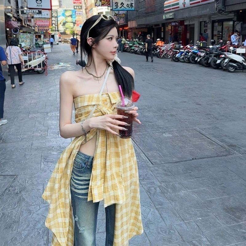 Women's Irregular Yellow Plaid Tube Dress - Image 3